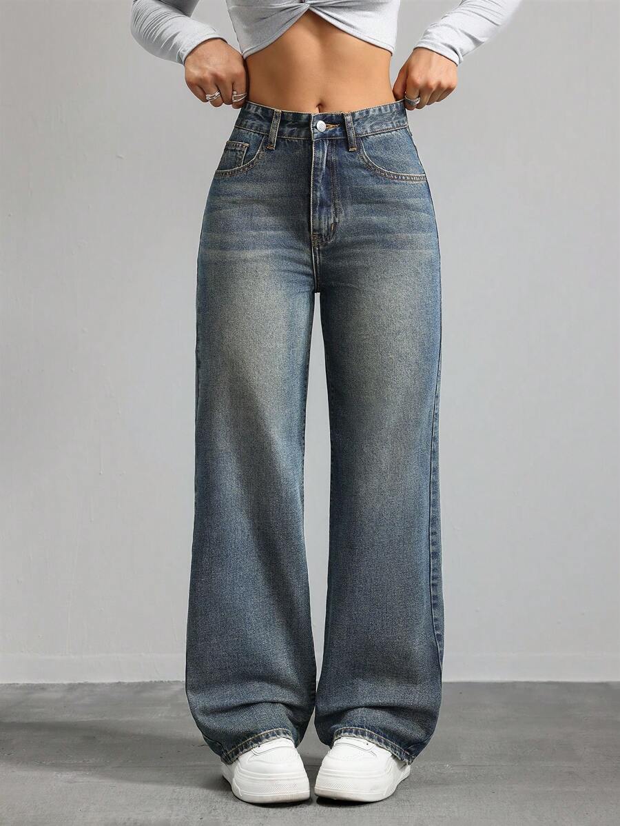 Women's Retro Washed Straight-Leg Jeans – Mid-Waist