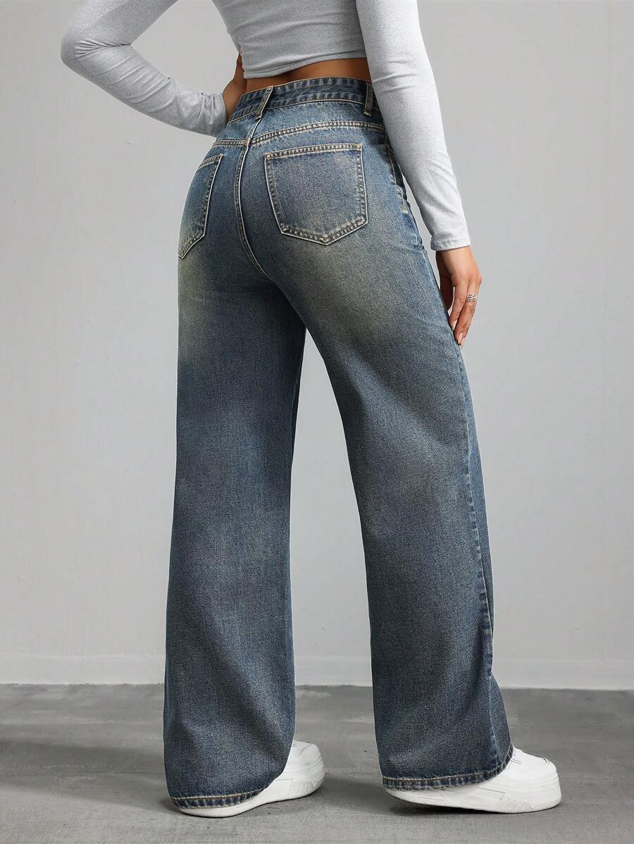 Women's Retro Washed Straight-Leg Jeans – Mid-Waist