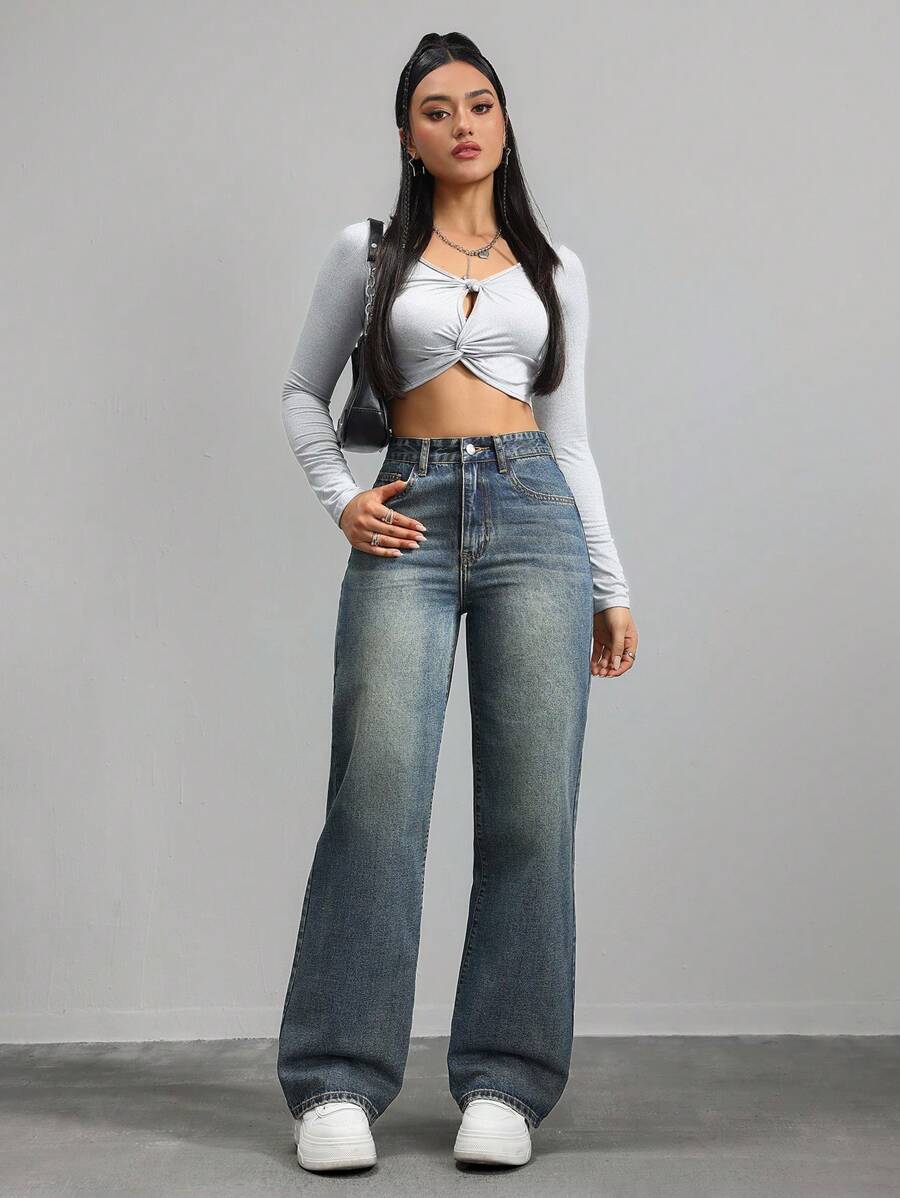 Women's Retro Washed Straight-Leg Jeans – Mid-Waist