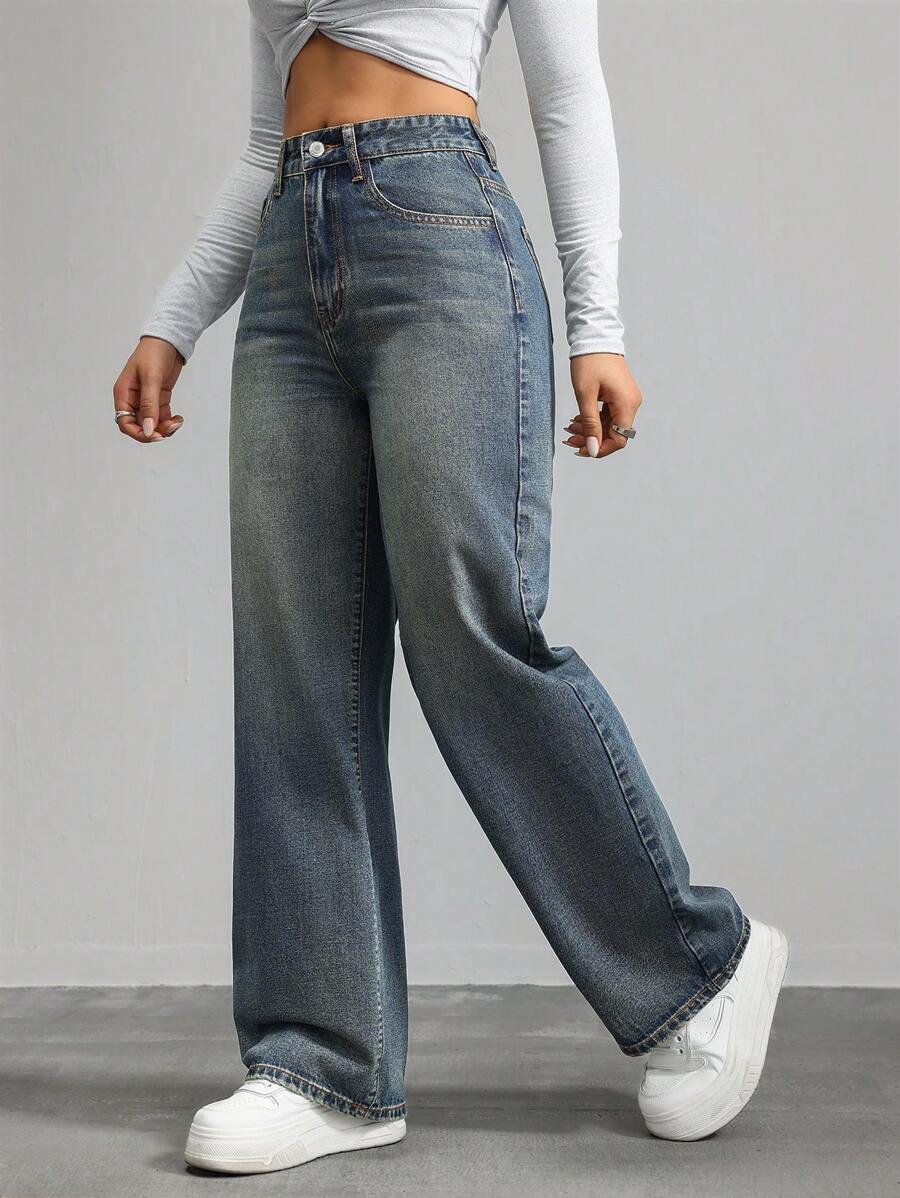 Women's Retro Washed Straight-Leg Jeans – Mid-Waist