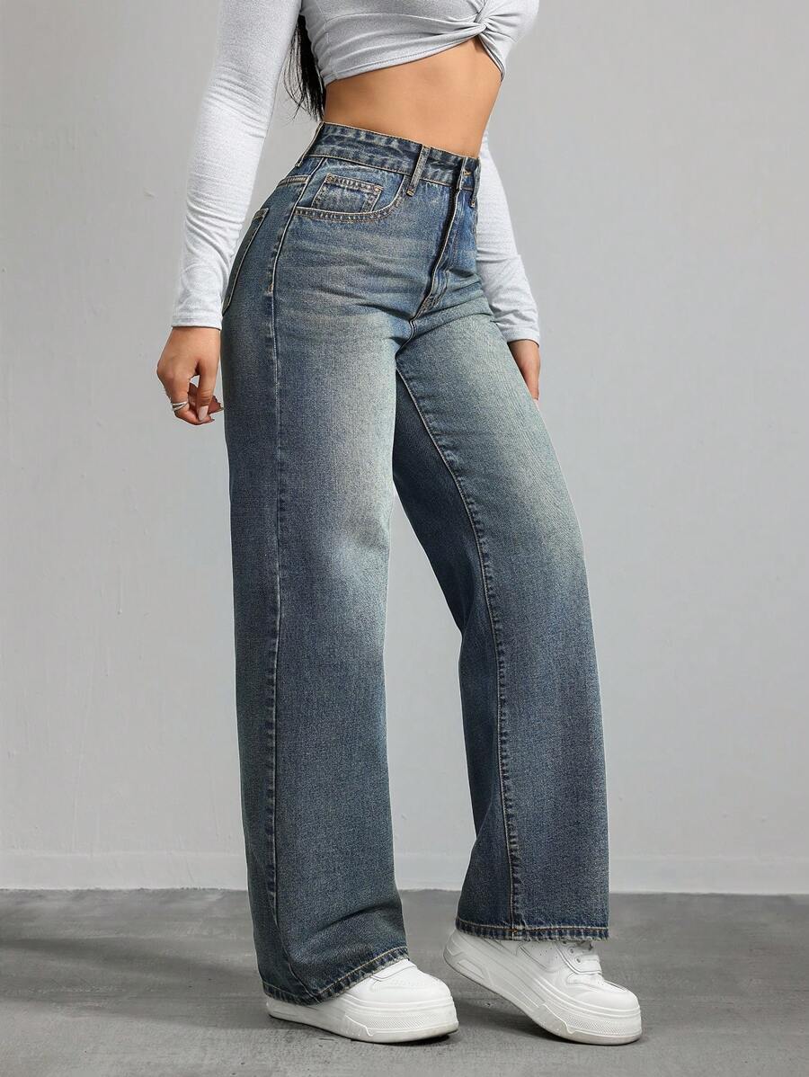 Women's Retro Washed Straight-Leg Jeans – Mid-Waist