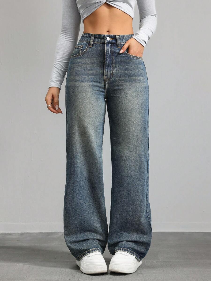Women's Retro Washed Straight-Leg Jeans – Mid-Waist