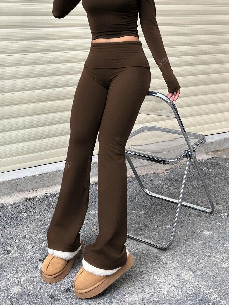 Women's High-Waist Flare Pants – Ruched Fold-Over Waist, Solid Color
