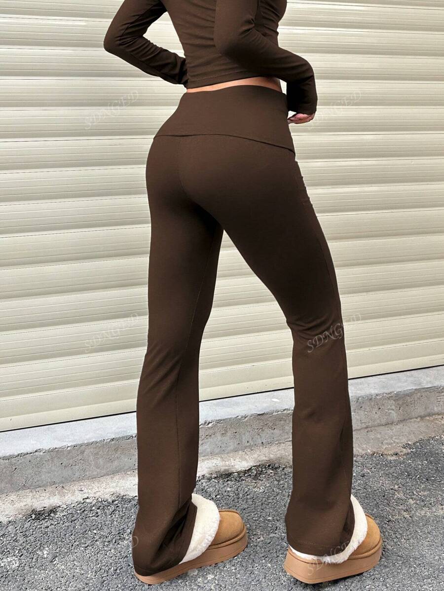 Women's High-Waist Flare Pants – Ruched Fold-Over Waist, Solid Color