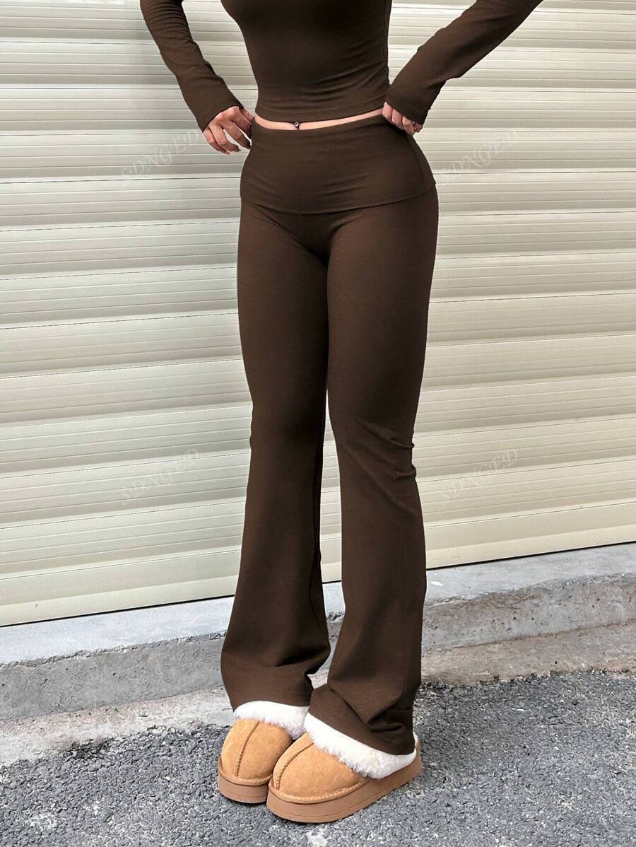 Women's High-Waist Flare Pants – Ruched Fold-Over Waist, Solid Color