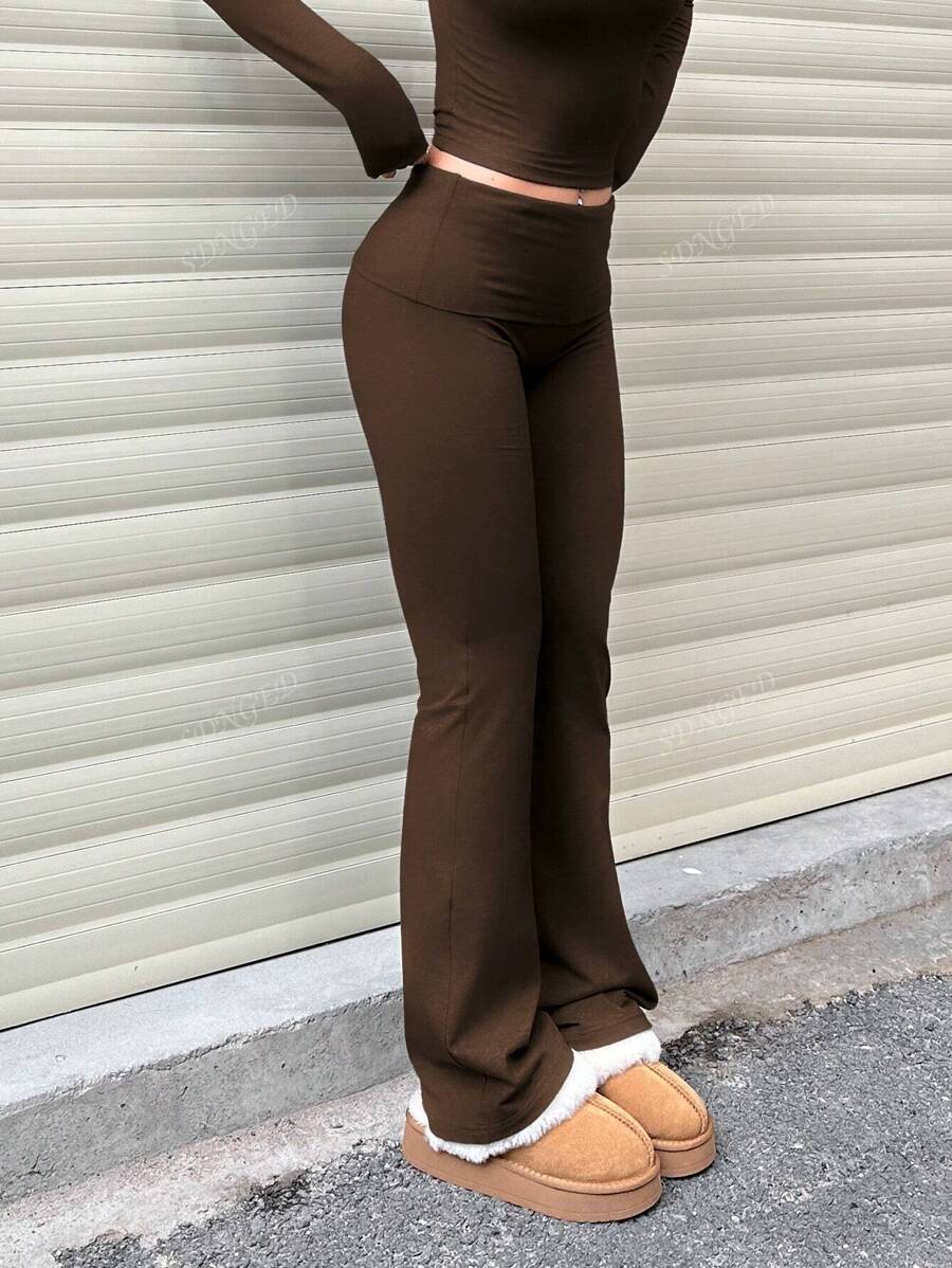 Women's High-Waist Flare Pants – Ruched Fold-Over Waist, Solid Color
