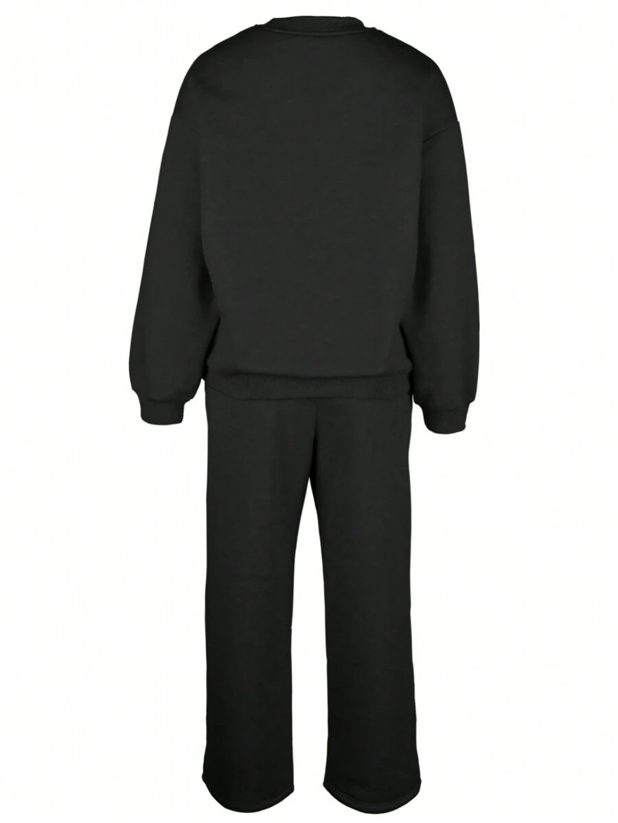 Women's 2-Piece Crew Neck Top & Drawstring Pants Set – Solid Color (Fall)
