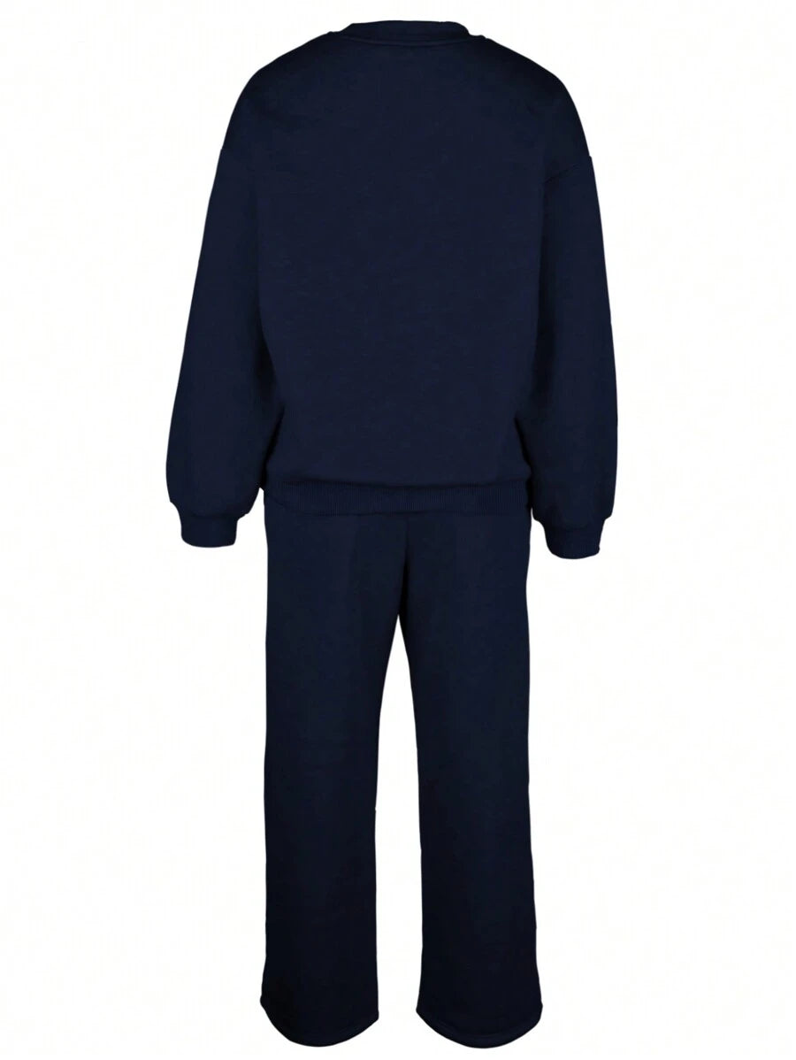 Women's 2-Piece Crew Neck Top & Drawstring Pants Set – Solid Color (Fall)