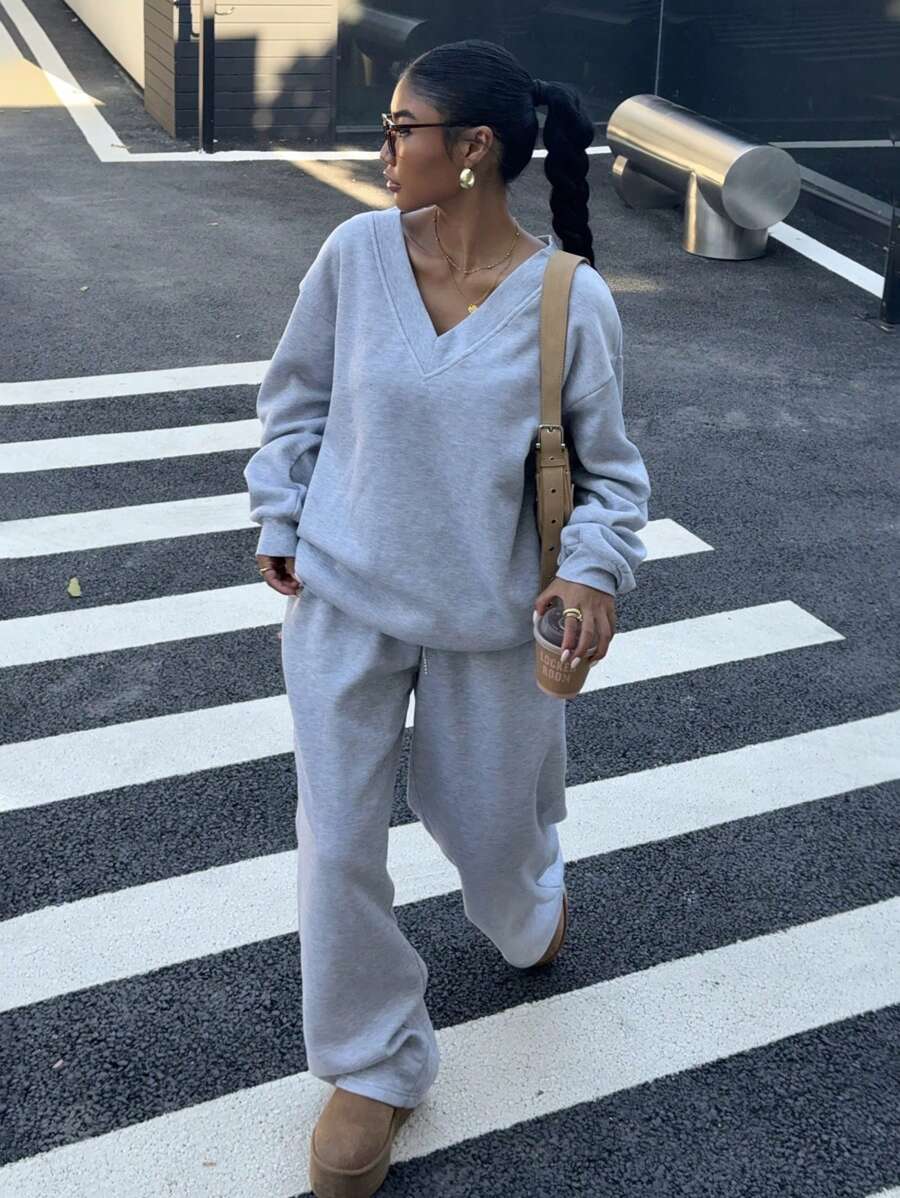 Women's 2-Piece Oversized Fleece Sweatshirt & Sweatpants Set – Navy (Autumn/Winter)