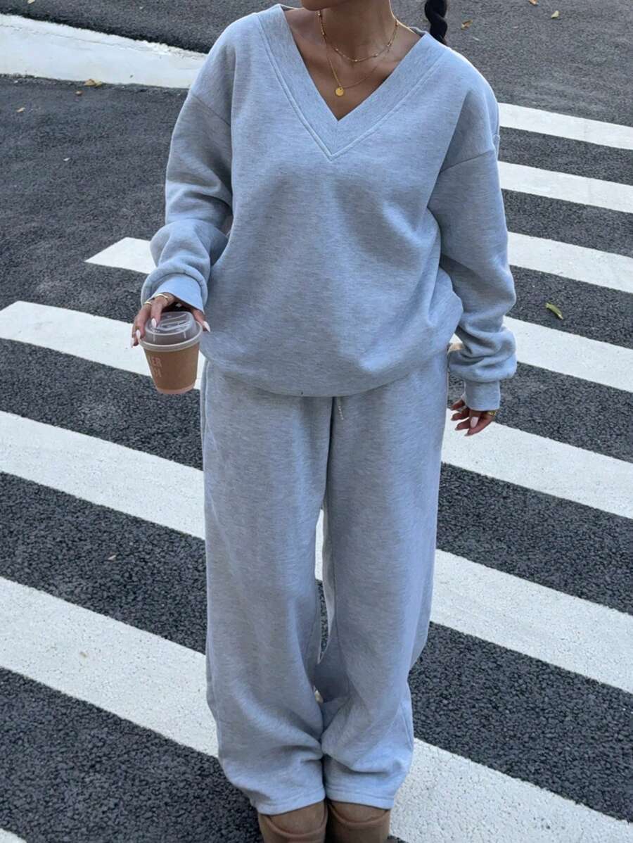 Women's 2-Piece Oversized Fleece Sweatshirt & Sweatpants Set – Navy (Autumn/Winter)