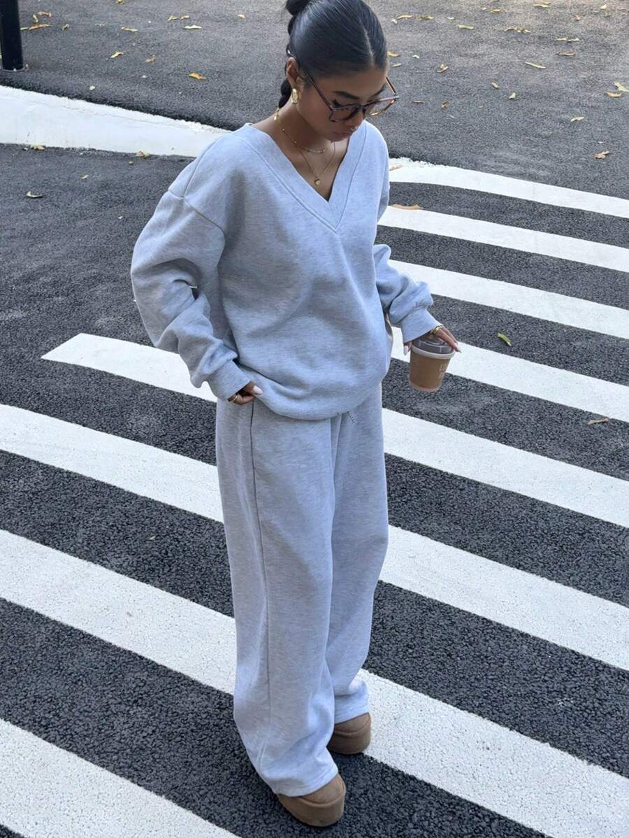 Women's 2-Piece Oversized Fleece Sweatshirt & Sweatpants Set – Navy (Autumn/Winter)