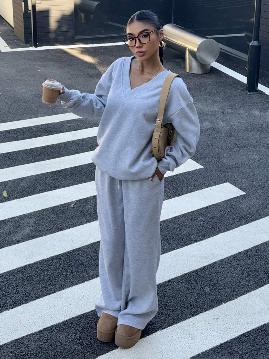 Women's 2-Piece Oversized Fleece Sweatshirt & Sweatpants Set – Navy (Autumn/Winter)