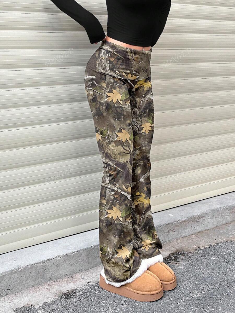 Women's High-Waist Flare Pants – Ruched Fold-Over Waist, Solid Color