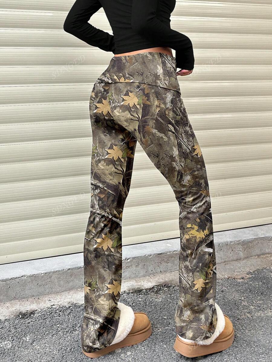 Women's High-Waist Flare Pants – Ruched Fold-Over Waist, Solid Color