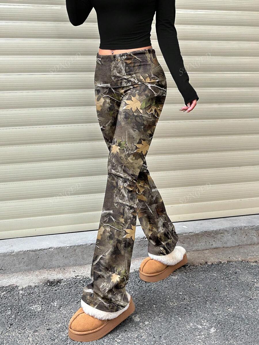 Women's High-Waist Flare Pants – Ruched Fold-Over Waist, Solid Color