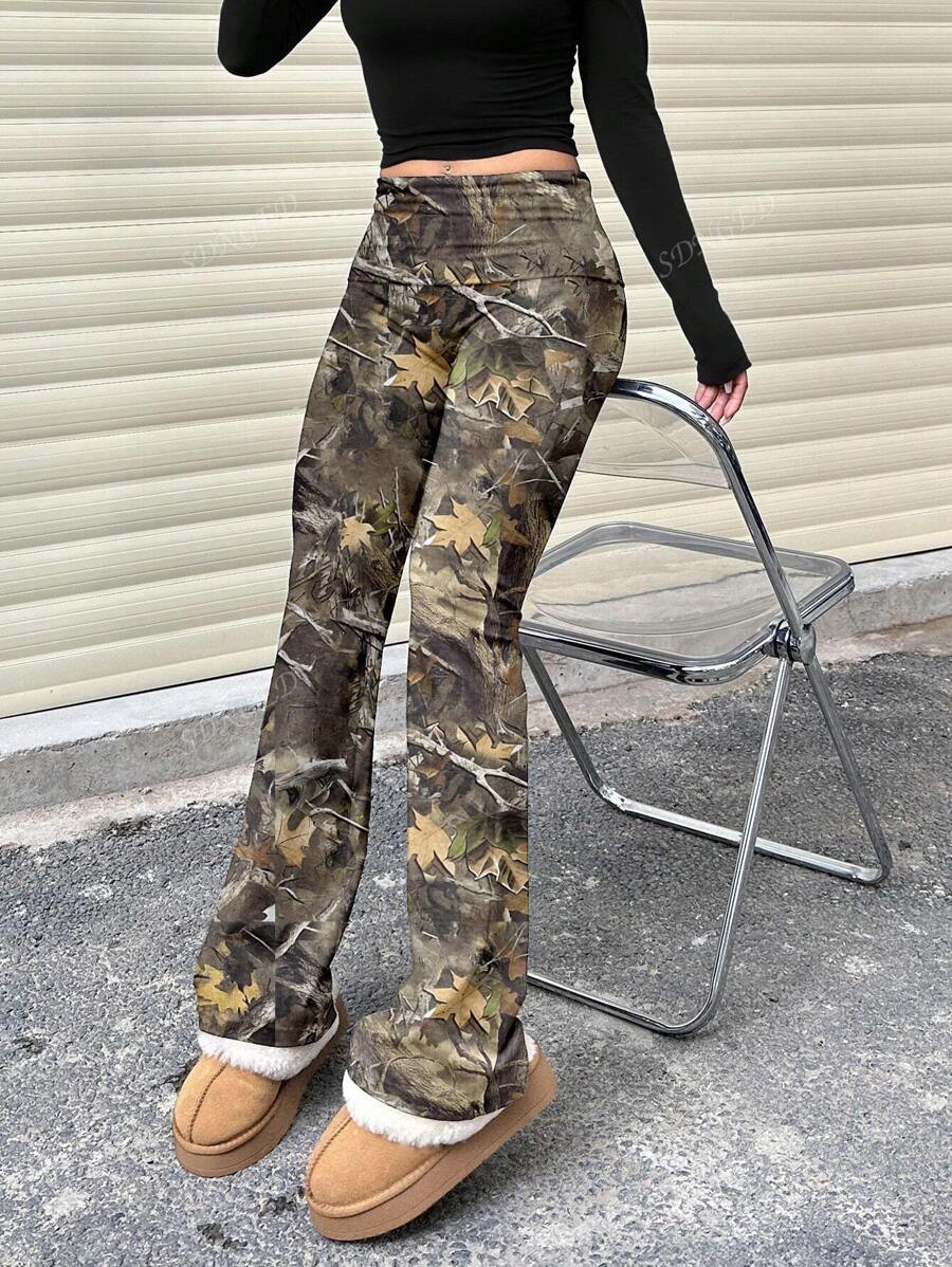 Women's High-Waist Flare Pants – Ruched Fold-Over Waist, Solid Color