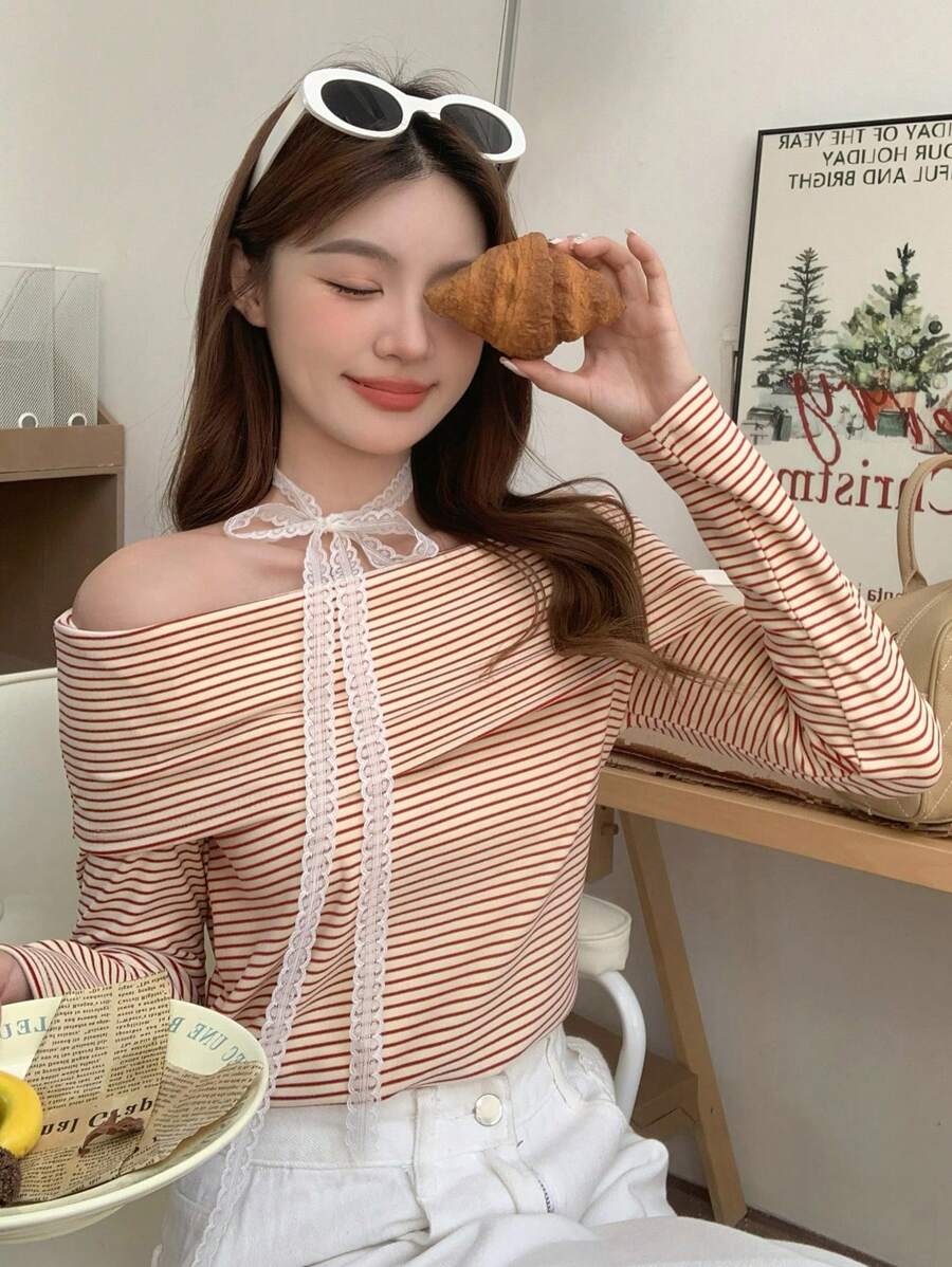 Women's Off-Shoulder Knit Top – Coffee Brown (Spring–Autumn)