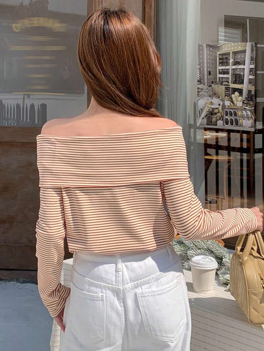 Women's Off-Shoulder Knit Top – Coffee Brown (Spring–Autumn)