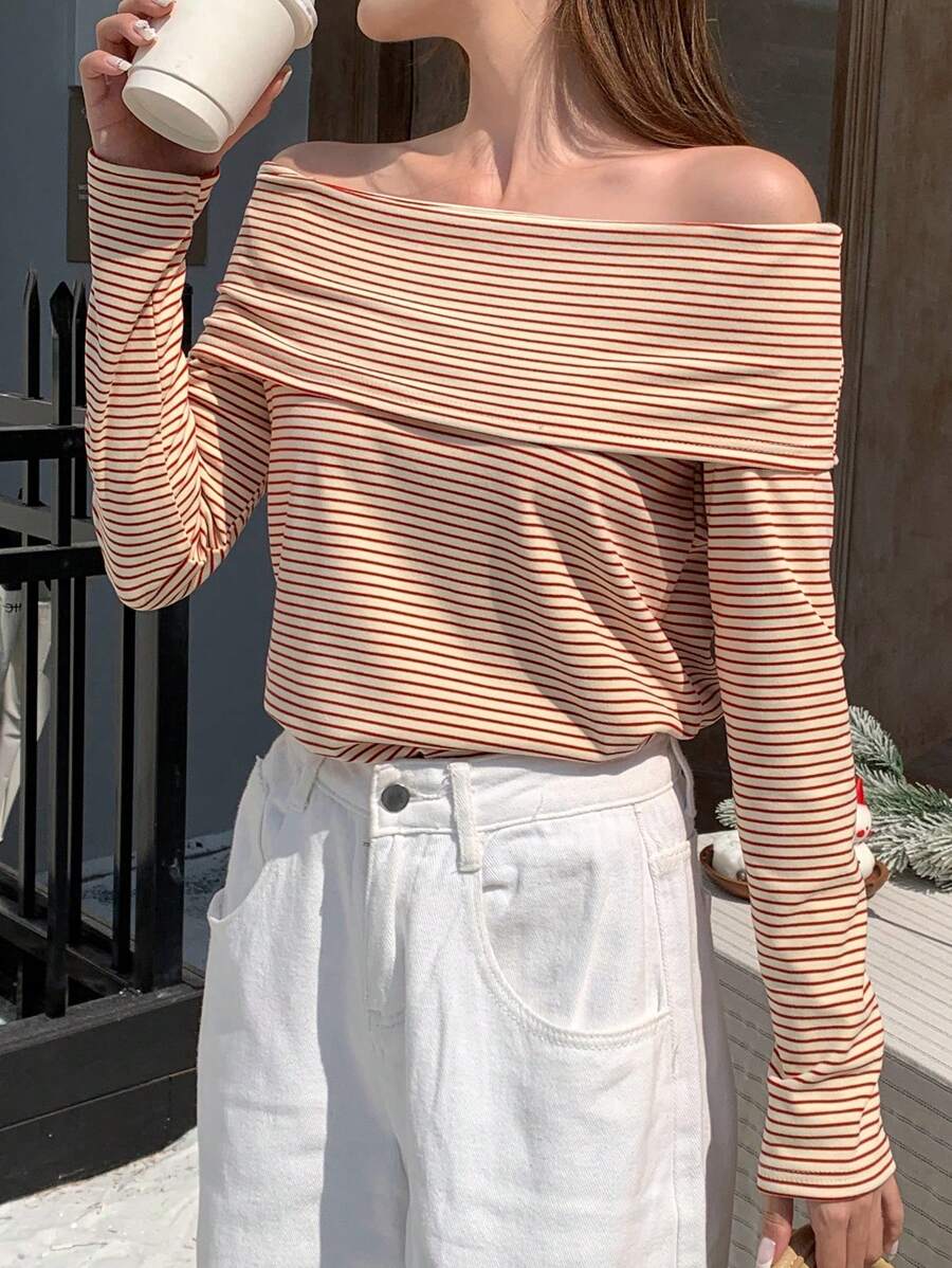 Women's Off-Shoulder Knit Top – Coffee Brown (Spring–Autumn)