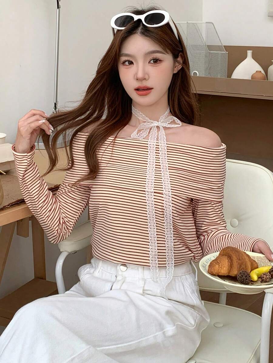 Women's Off-Shoulder Knit Top – Coffee Brown (Spring–Autumn)
