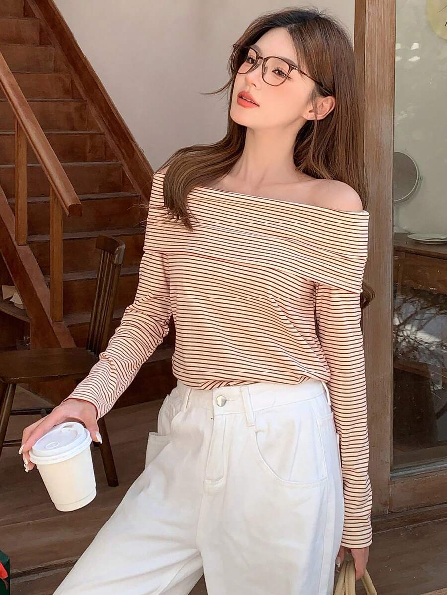 Women's Off-Shoulder Knit Top – Coffee Brown (Spring–Autumn)