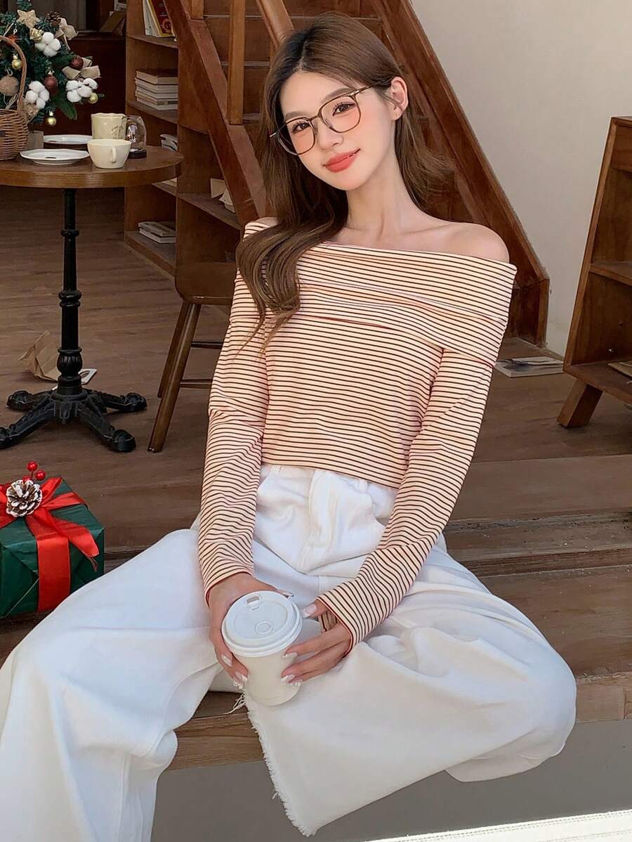 Women's Off-Shoulder Knit Top – Coffee Brown (Spring–Autumn)