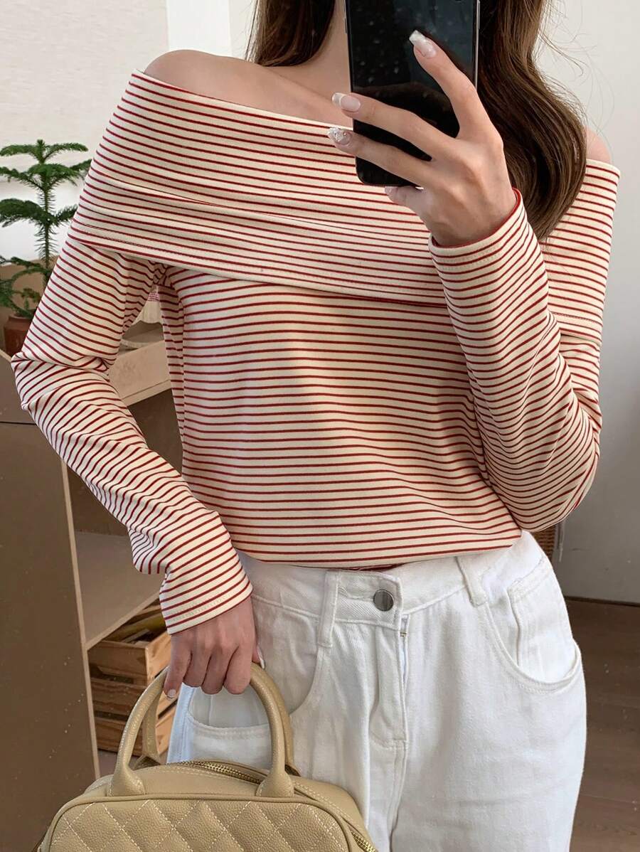 Women's Off-Shoulder Knit Top – Coffee Brown (Spring–Autumn)