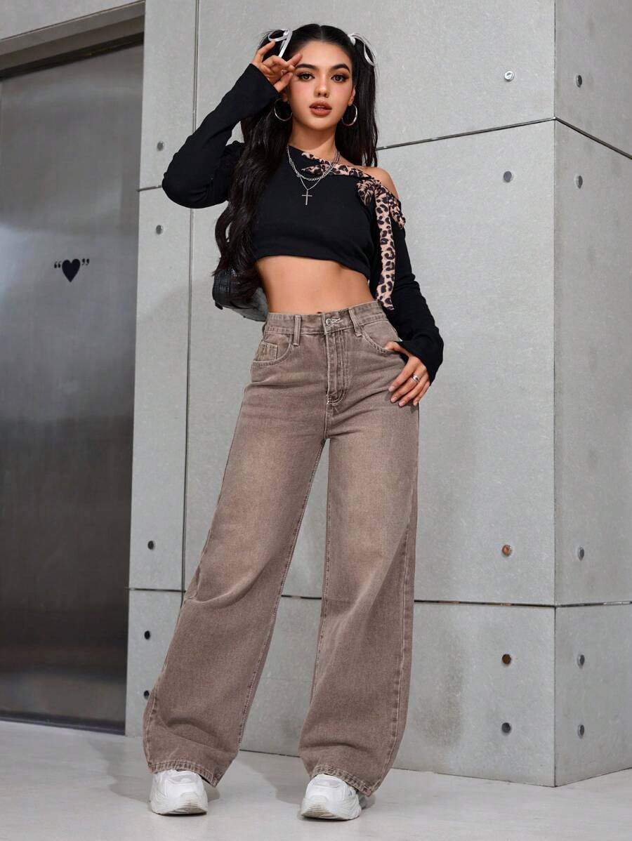 Women's Retro Washed Straight-Leg Jeans – Mid-Waist