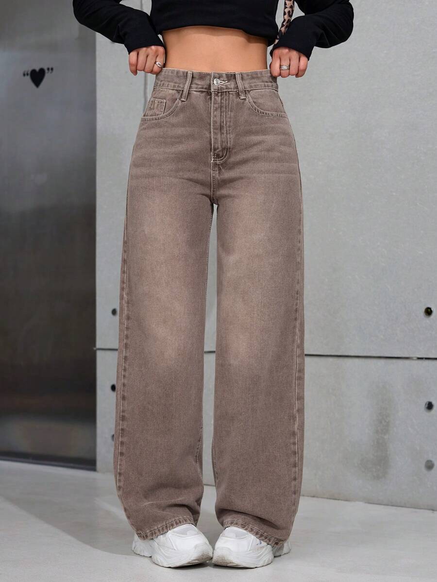 Women's Retro Washed Straight-Leg Jeans – Mid-Waist