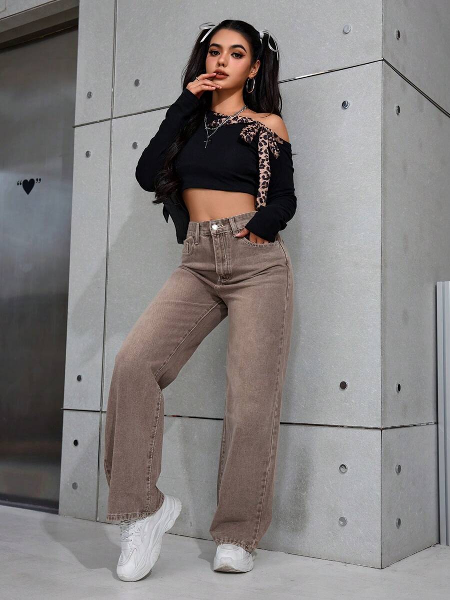 Women's Retro Washed Straight-Leg Jeans – Mid-Waist