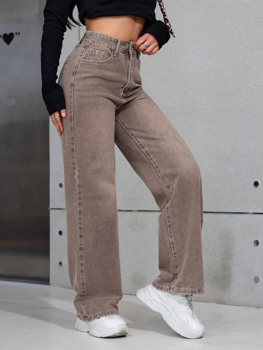 Women's Retro Washed Straight-Leg Jeans – Mid-Waist