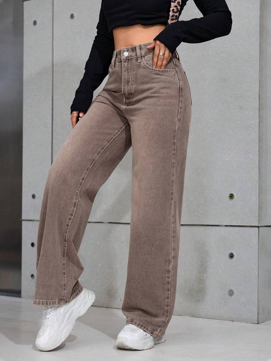 Women's Retro Washed Straight-Leg Jeans – Mid-Waist