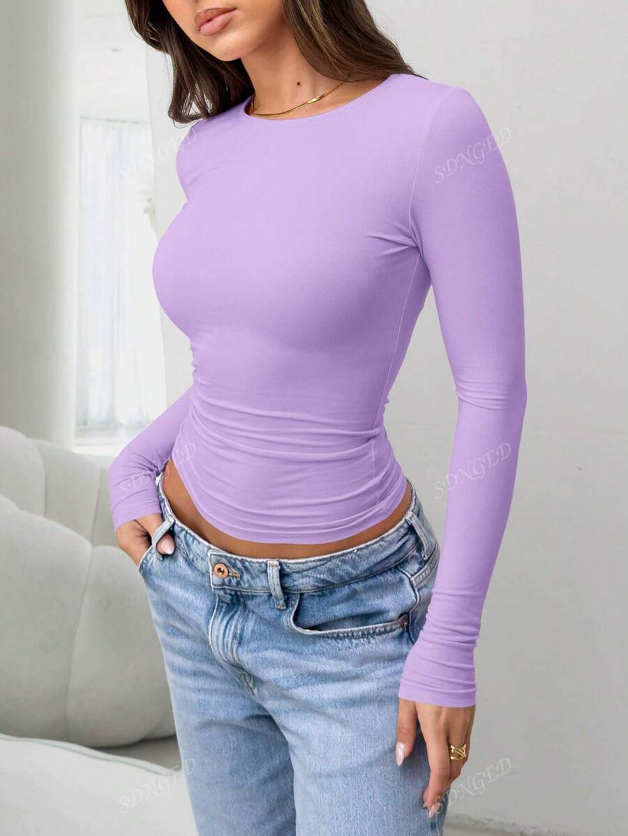 Women's Ruched Slim-Fit Long Sleeve T-Shirt – Plain Crew Neck (All Seasons)
