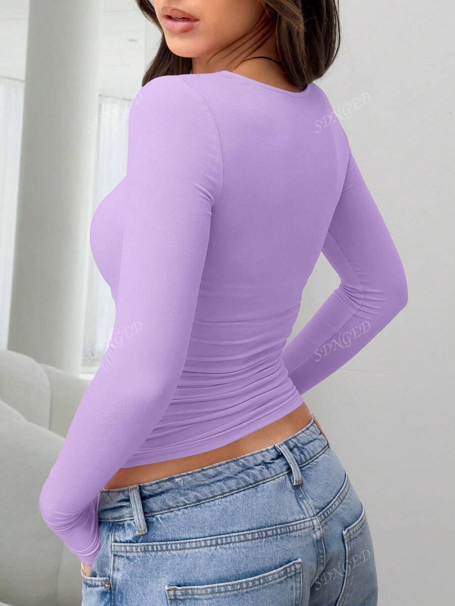 Women's Ruched Slim-Fit Long Sleeve T-Shirt – Plain Crew Neck (All Seasons)