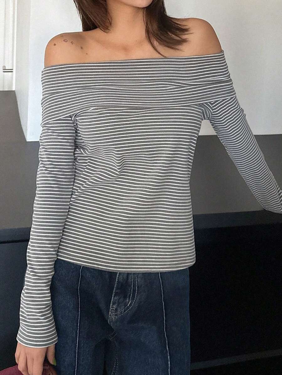 Women's Off-Shoulder Knit Top – Coffee Brown (Spring–Autumn)