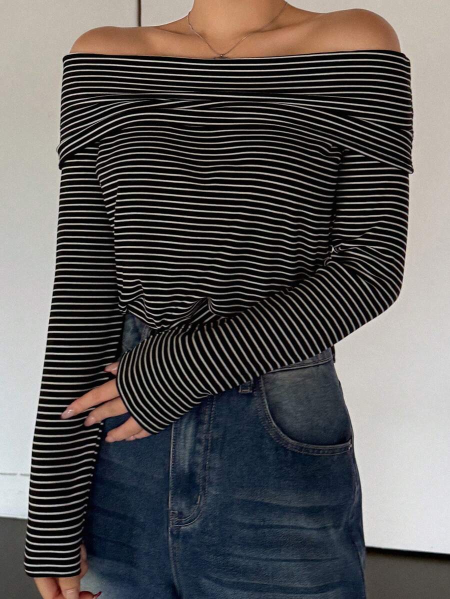 Women's Off-Shoulder Knit Top – Coffee Brown (Spring–Autumn)