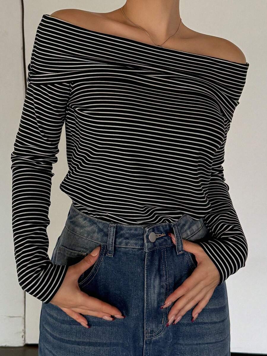 Women's Off-Shoulder Knit Top – Coffee Brown (Spring–Autumn)