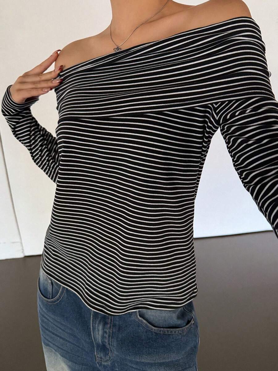 Women's Off-Shoulder Knit Top – Coffee Brown (Spring–Autumn)