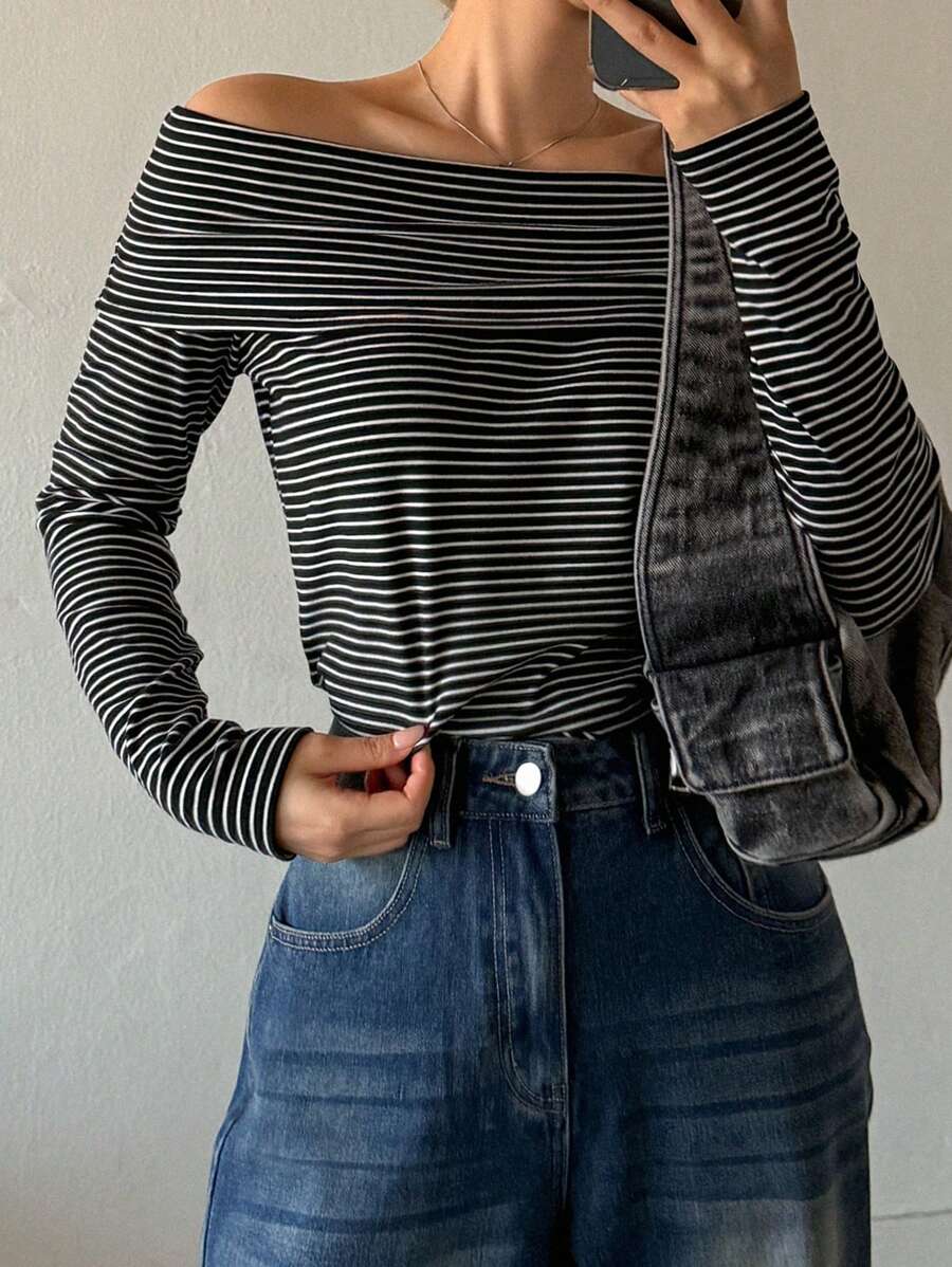 Women's Off-Shoulder Knit Top – Coffee Brown (Spring–Autumn)