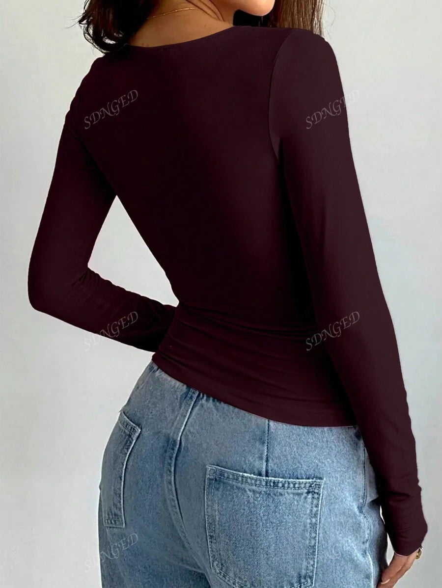 Women's Ruched Slim-Fit Long Sleeve T-Shirt – Plain Crew Neck (All Seasons)