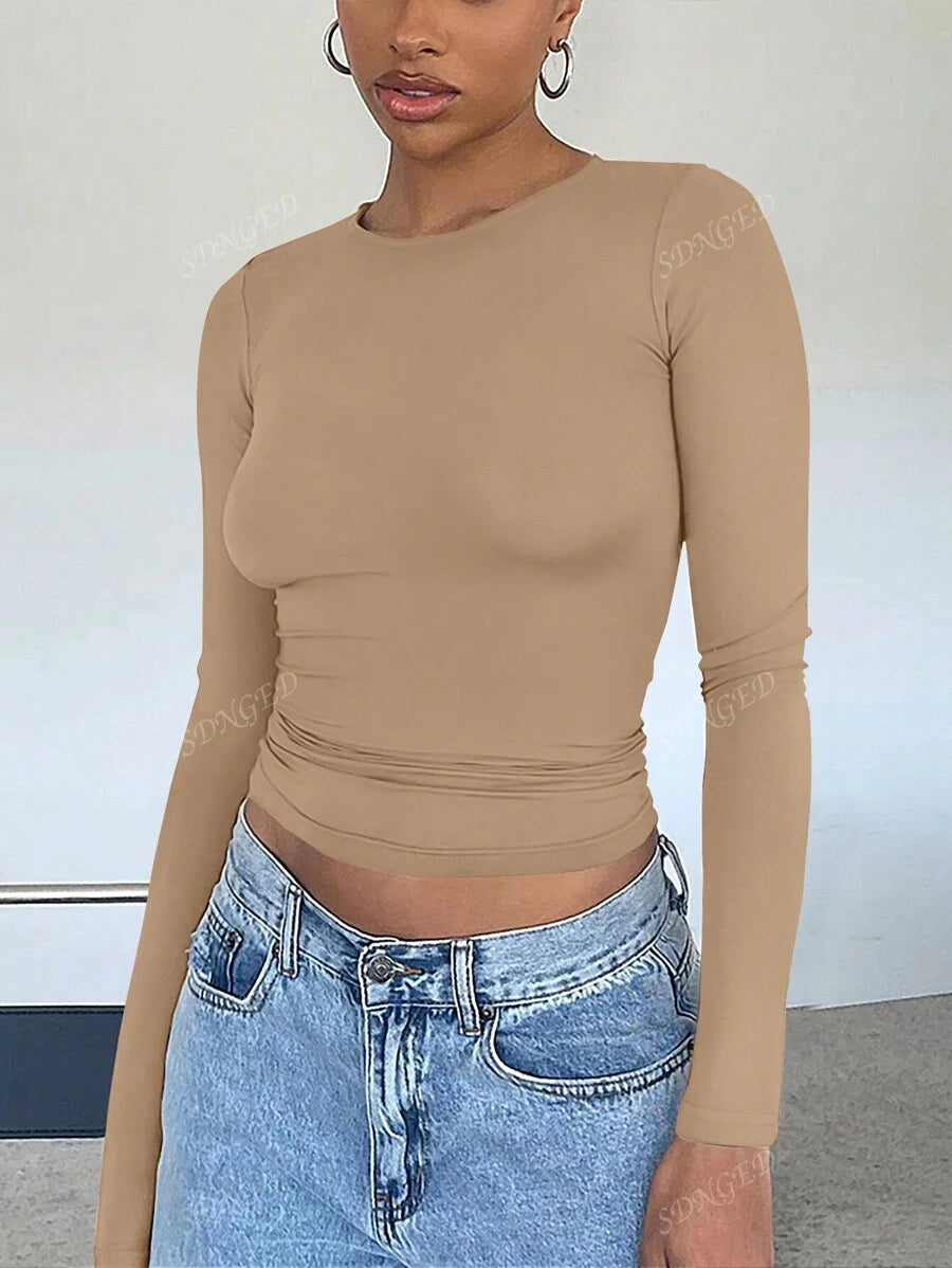 Women's Ruched Slim-Fit Long Sleeve T-Shirt – Plain Crew Neck (All Seasons)