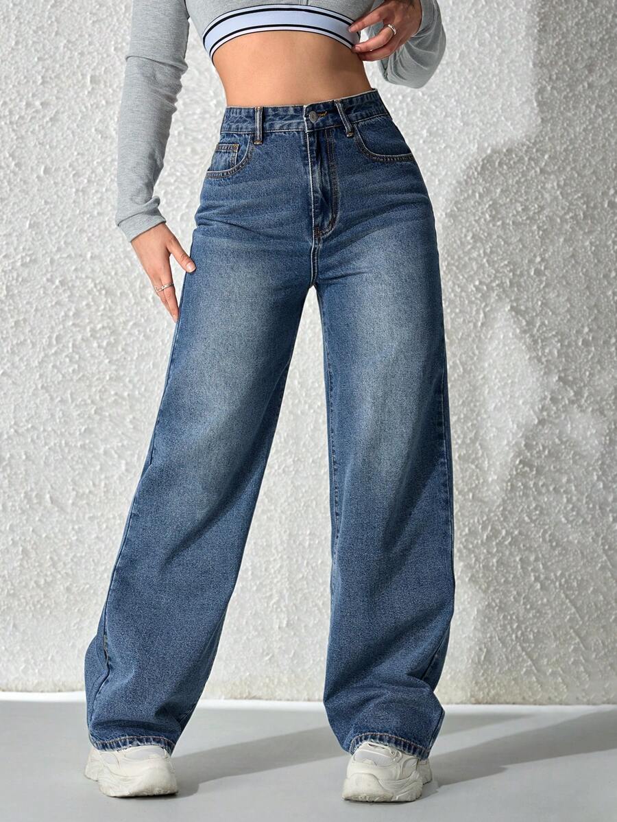 Women's Retro Washed Straight-Leg Jeans – Mid-Waist