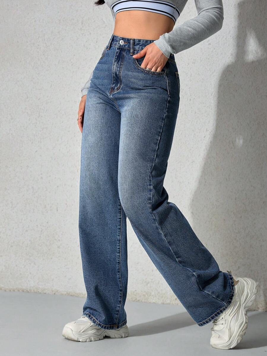 Women's Retro Washed Straight-Leg Jeans – Mid-Waist