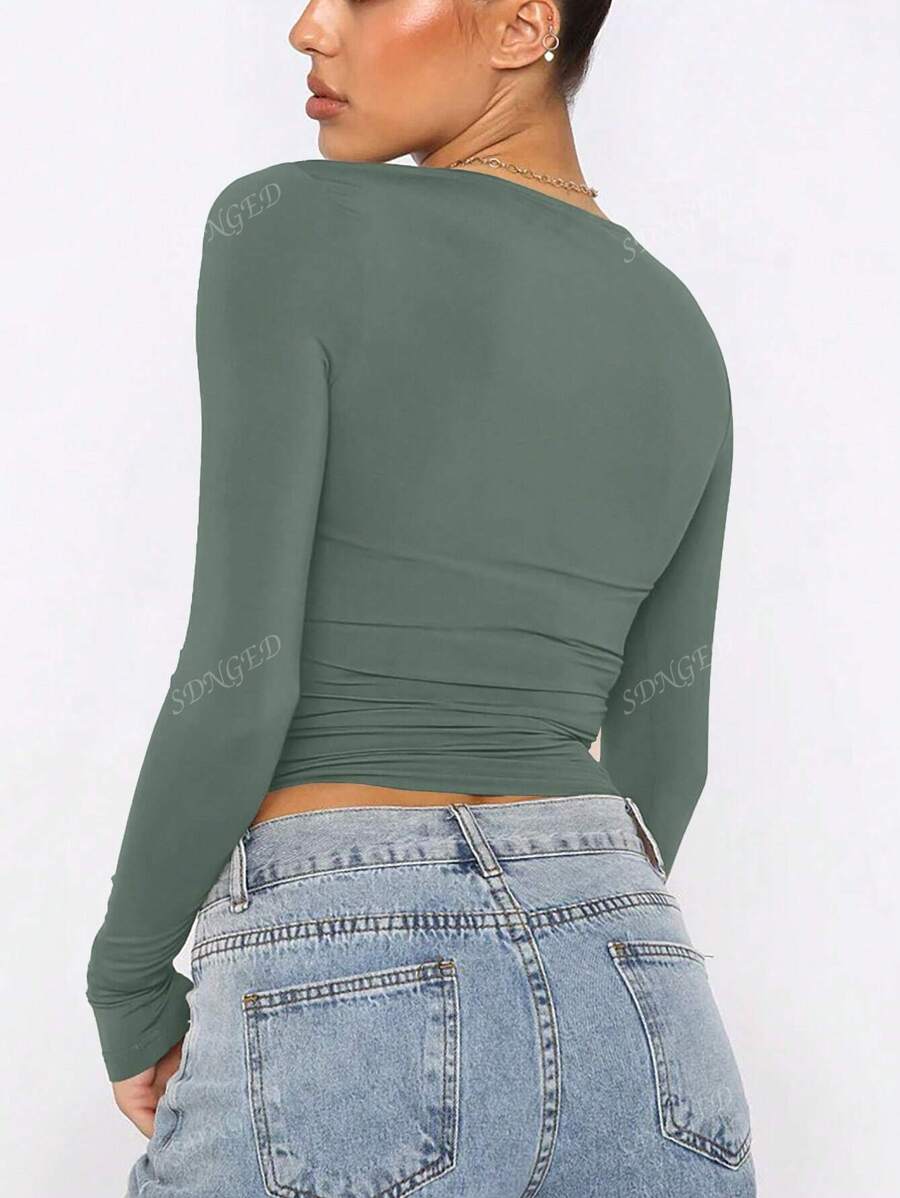 Women's Ruched Slim-Fit Long Sleeve T-Shirt – Plain Crew Neck (All Seasons)