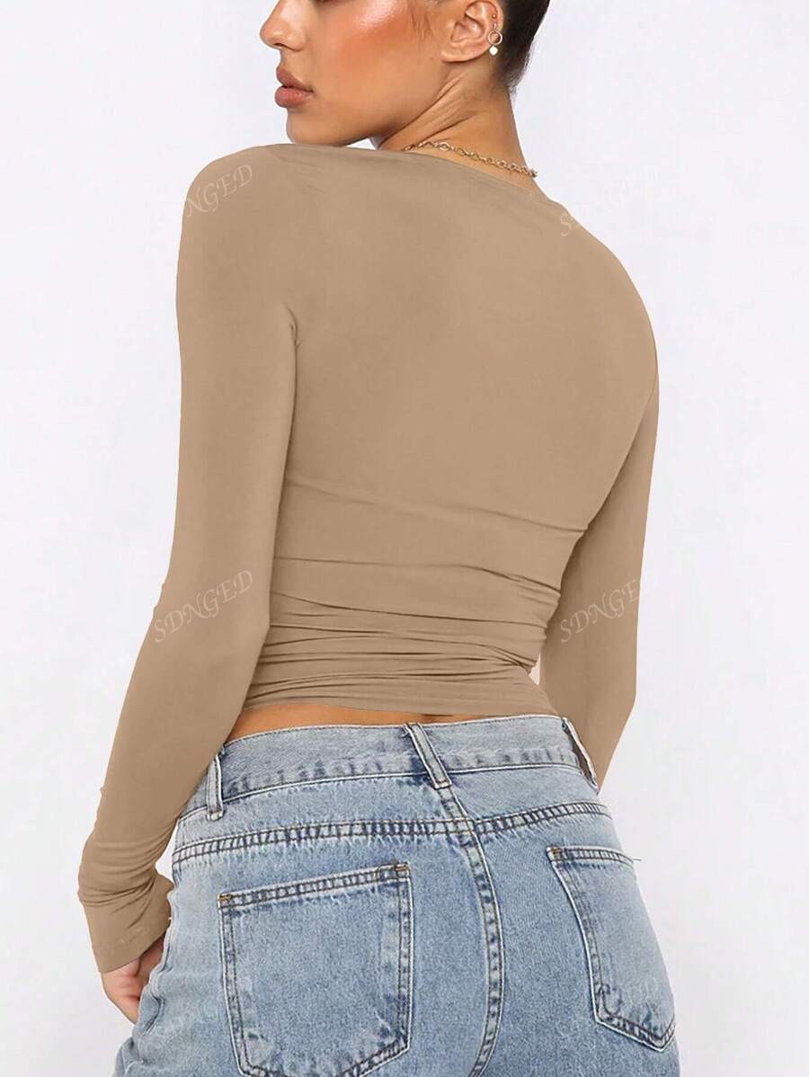 Women's Ruched Slim-Fit Long Sleeve T-Shirt – Plain Crew Neck (All Seasons)