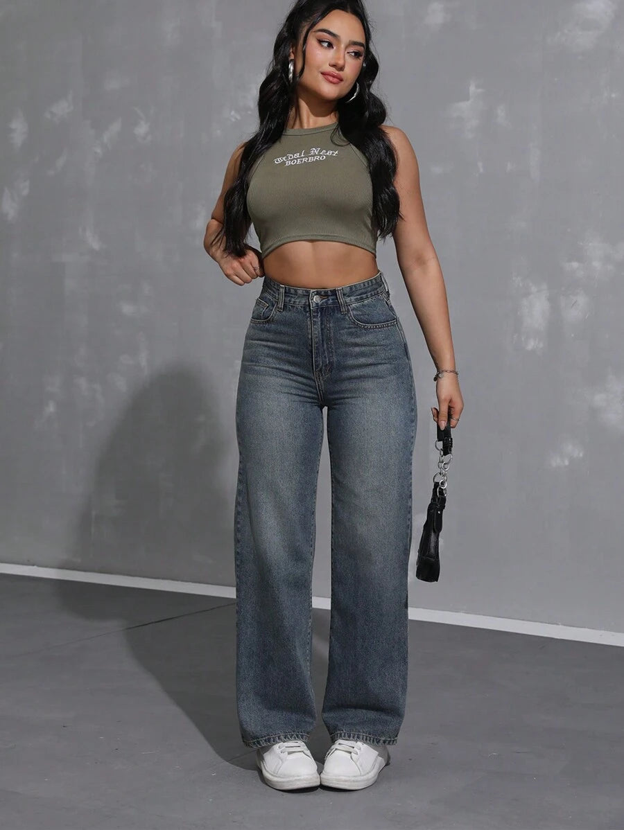 Women's Retro Washed Straight-Leg Jeans – Mid-Waist