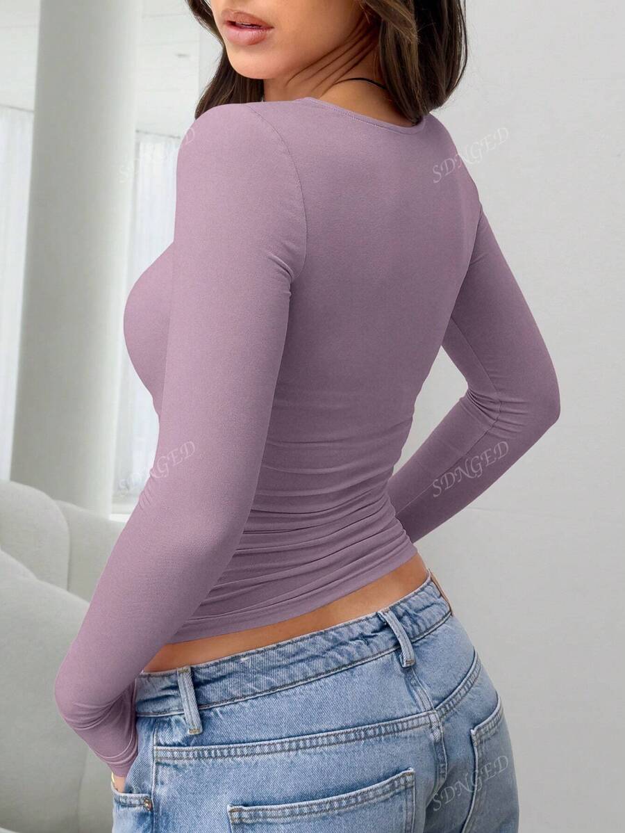 Women's Ruched Slim-Fit Long Sleeve T-Shirt – Plain Crew Neck (All Seasons)