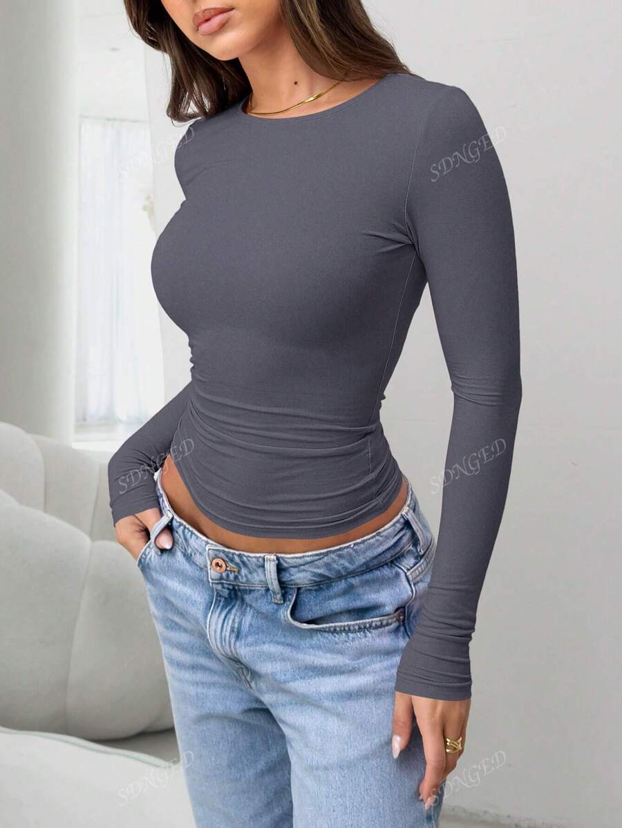 Women's Ruched Slim-Fit Long Sleeve T-Shirt – Plain Crew Neck (All Seasons)