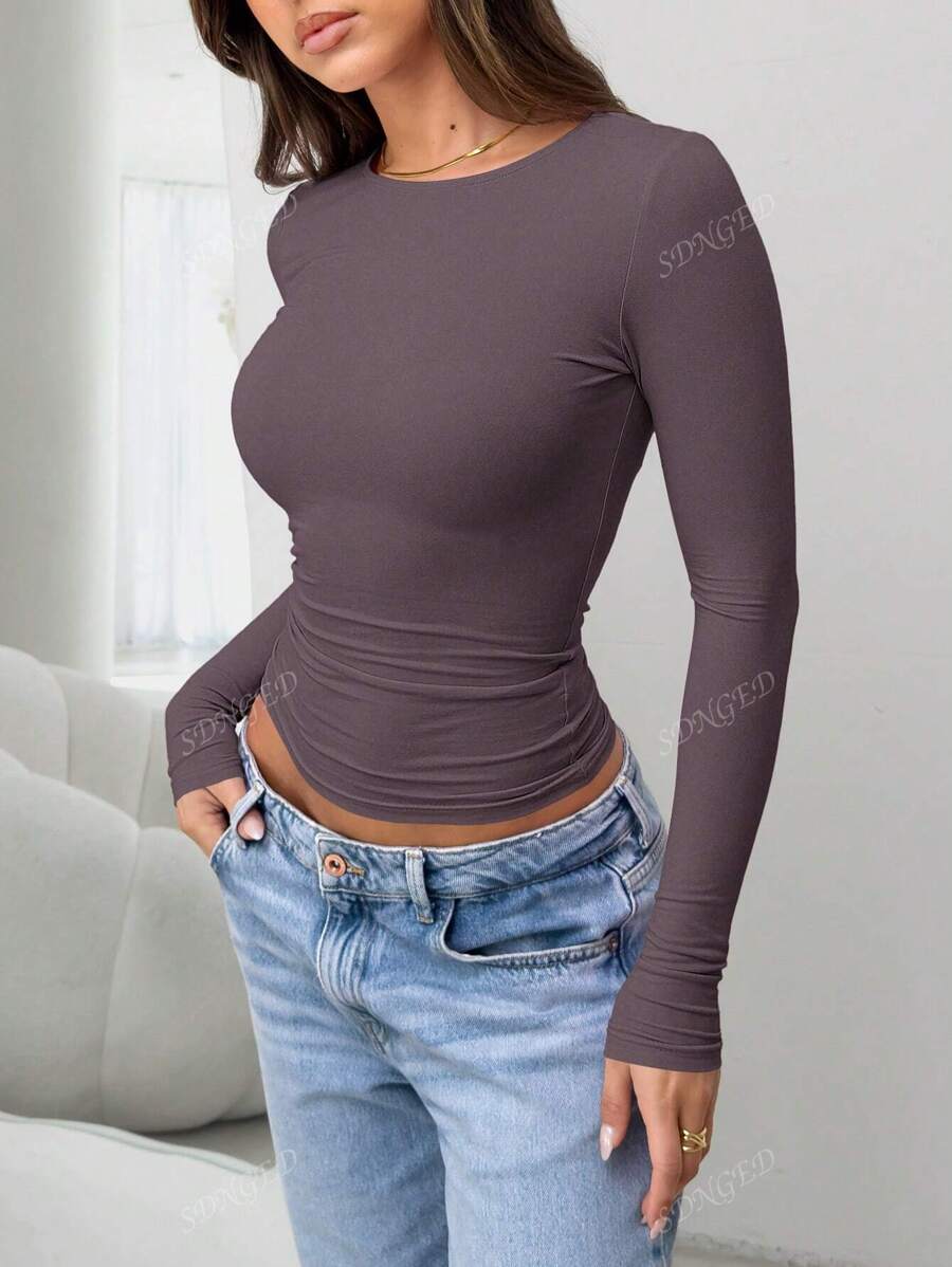 Women's Ruched Slim-Fit Long Sleeve T-Shirt – Plain Crew Neck (All Seasons)