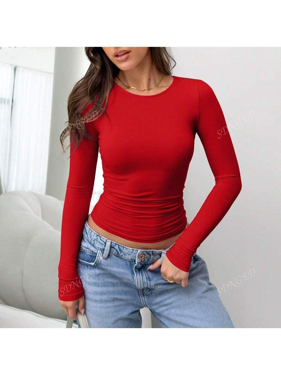Women's Ruched Slim-Fit Long Sleeve T-Shirt – Plain Crew Neck (All Seasons)